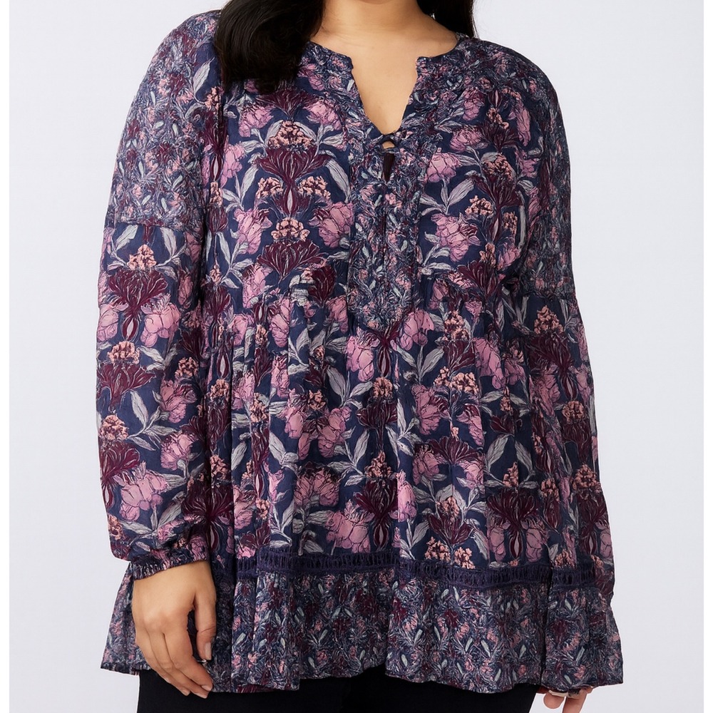Taylor & Sage Womens XL Floral Print Long Sleeve Blouse Top Boho Purple Flowy‎